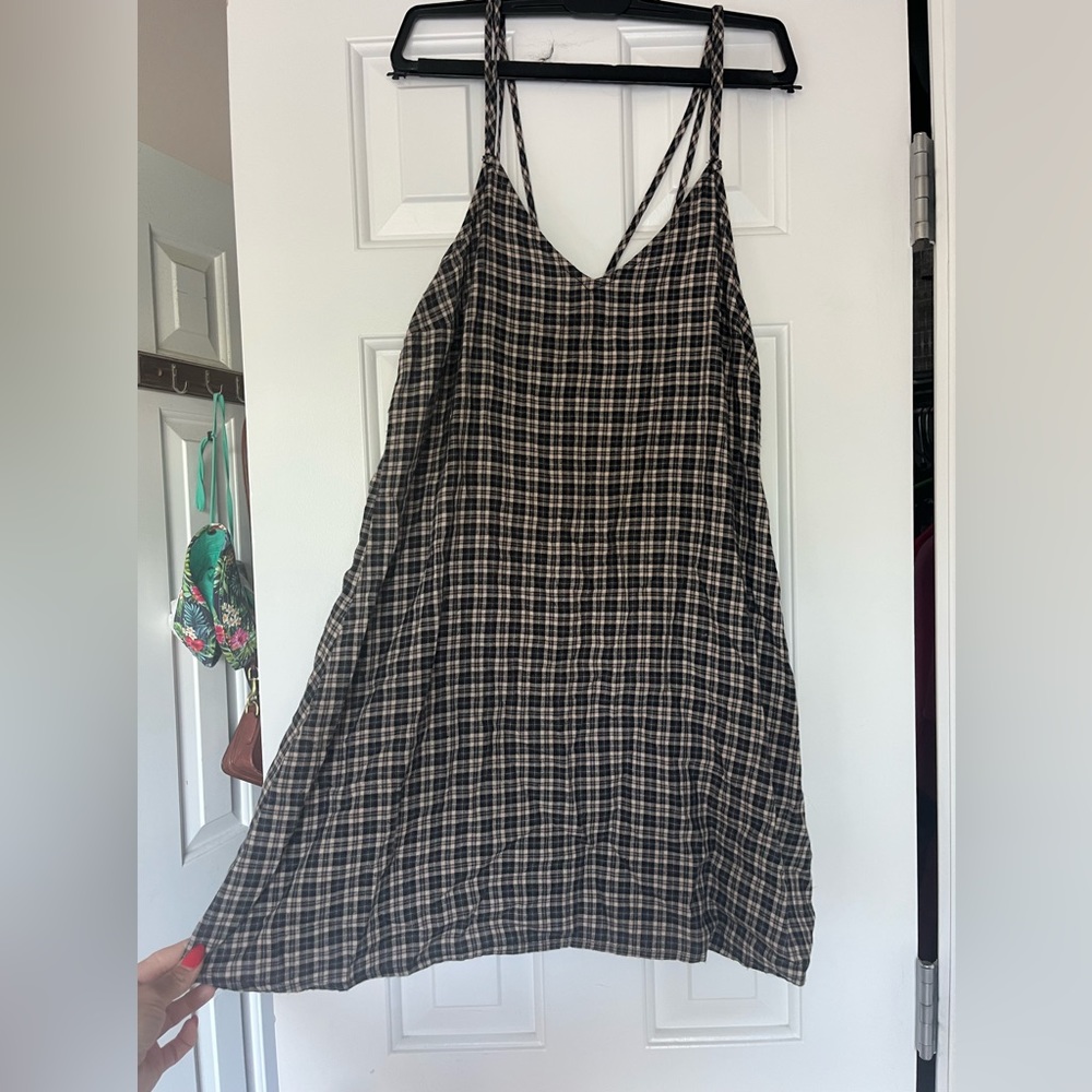 Black gray tan plaid cotton dress